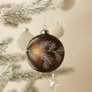 Copper Leaves Glitter Bauble - Glass - 8cm
