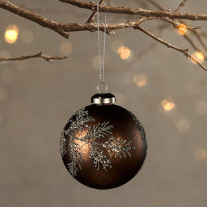 Copper Leaves Glitter Bauble - Glass - 8cm