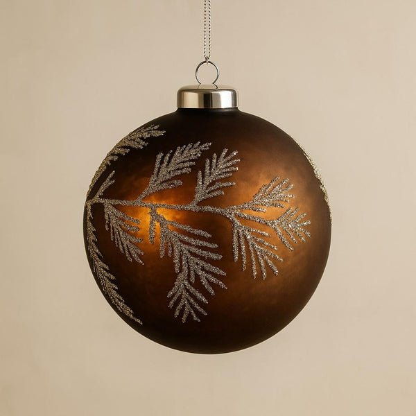 Copper Leaves Glitter Bauble - Glass - 8cm
